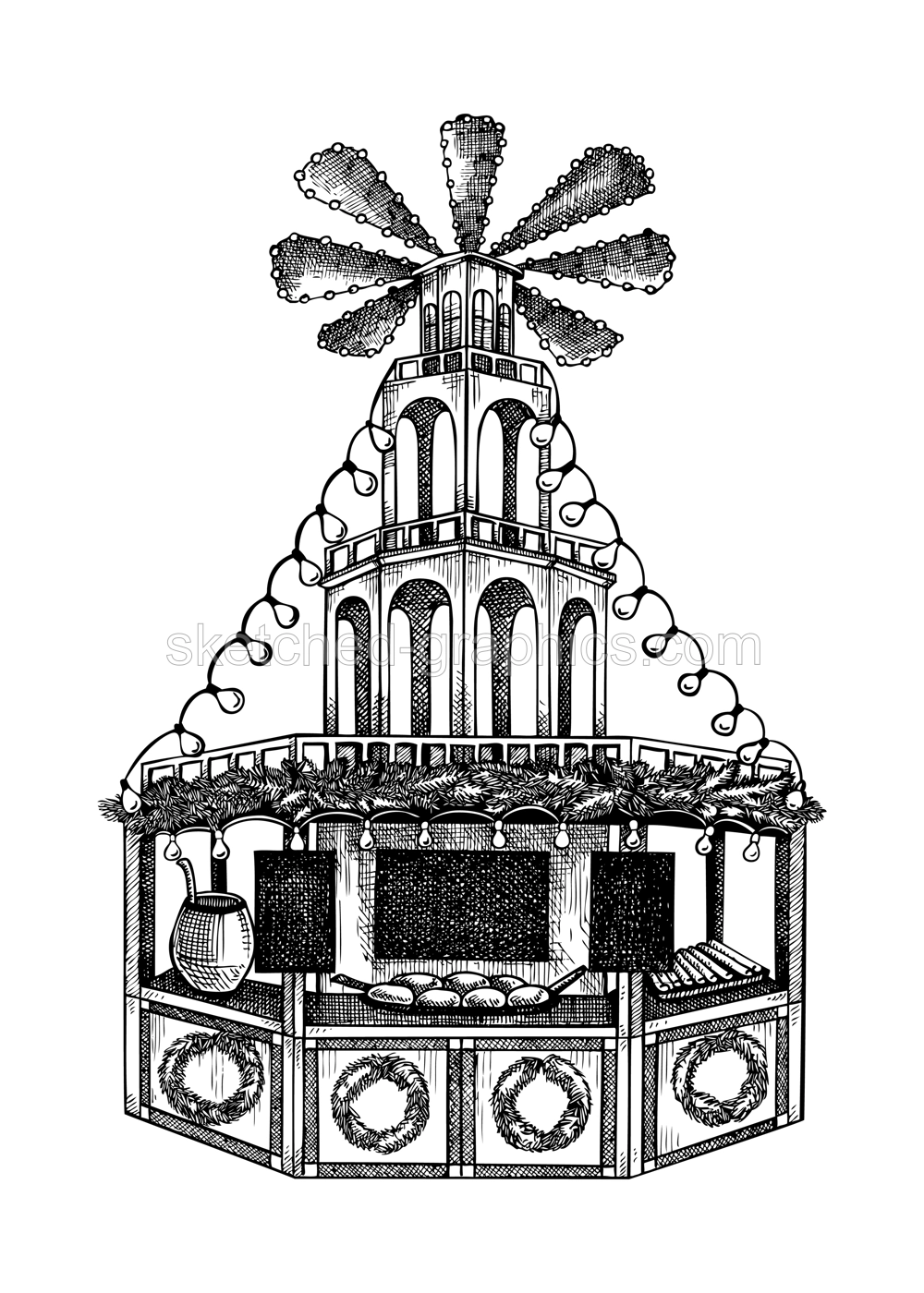 Christmas market stall kiosk sketch. Hand-drawn vector illustration. Traditional winter Christmas fair marketplace.  Wooden booth candy shop with fast food, garlands decoration, Christmas wreaths. Illustration